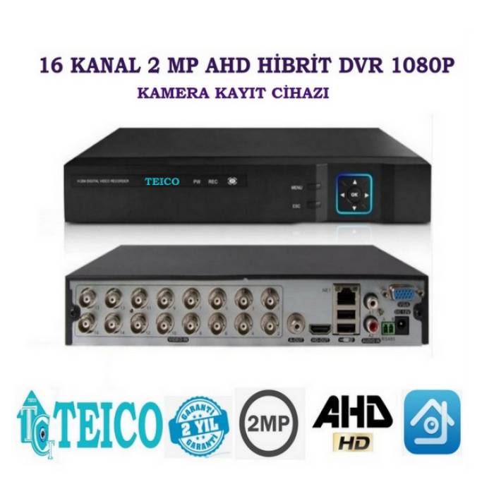 2 MP 16 Kanal 1080P AHD Hibrit Metal Kasa Kamera Kayıt Cihazı DVR Teico-7216