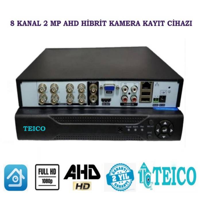 2 MP 8 Kanal 1080P AHD Hibrit Metal Kasa Kamera Kayıt Cihazı DVR Teico-7208