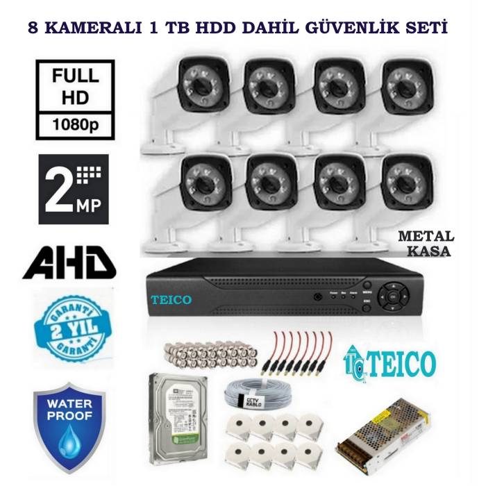 2 MP 8 Metal Dış Mekan Kameralı 1 TBB HDD Dahil AHD Güvenlik Kamerası Seti Teico-6822