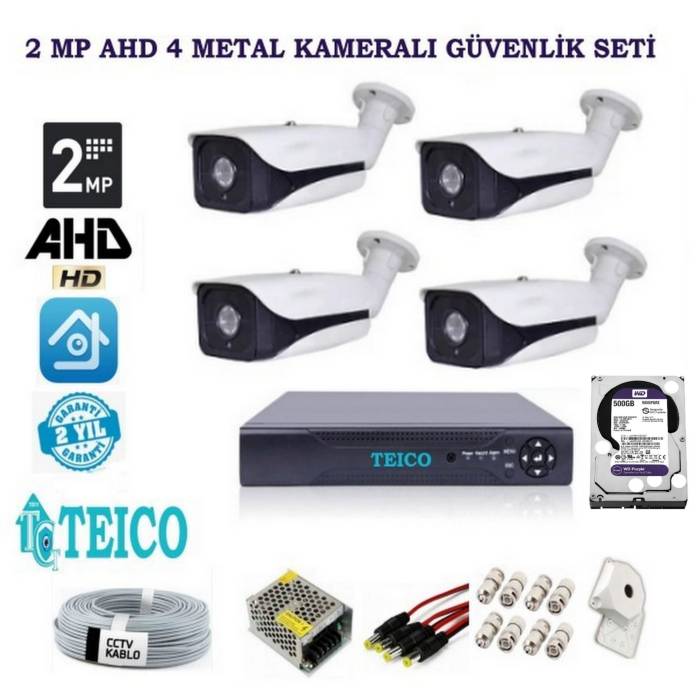 2 MP 4 Metal Kasa Dış Mekan Kameralı Herşey Dahil AHD Güvenlik Kamerası Seti Teico-6244