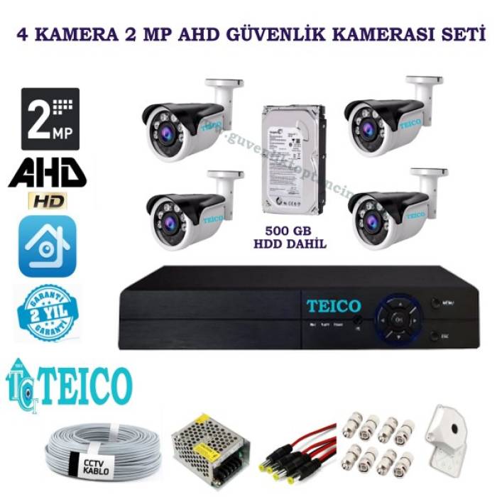 2 MP 4 Dış Mekan Kameralı Herşey Dahil AHD Güvenlik Kamerası Seti Teico-6240