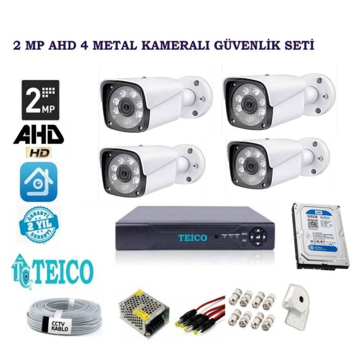 2 MP 4 Metal Kasa Dış Mekan Kameralı Herşey Dahil AHD Güvenlik Kamerası Seti Teico-6224