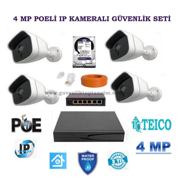 4 MP Poeli Ip 4 Kameralı Herşey Dahil Güvenlik Seti Teico-6440