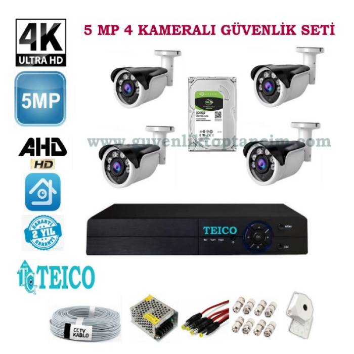 5 MP 4 Dış Mekan Kameralı Her şey Dahil AHD Güvenlik Kamerası Seti Teico-6456