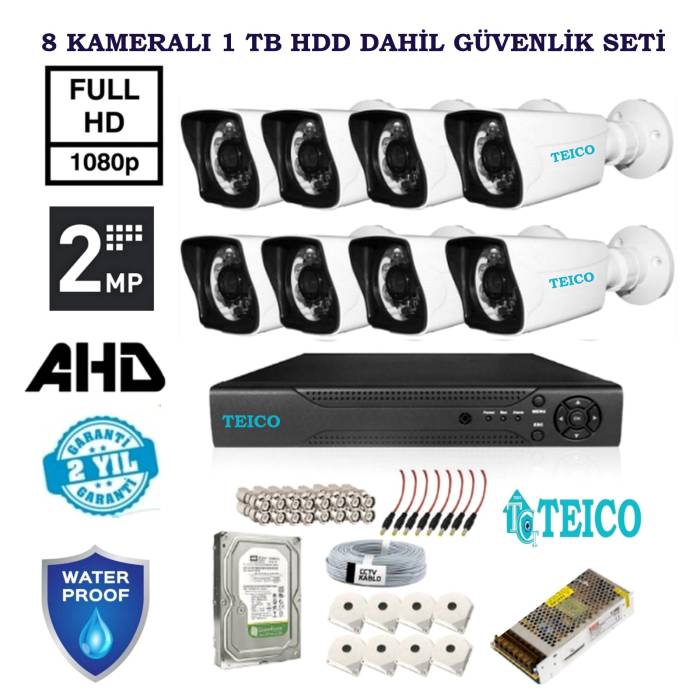 2 MP 8 Dış Mekan Kameralı 1 TBB HDD Dahil AHD Güvenlik Kamerası Seti Teico-6282