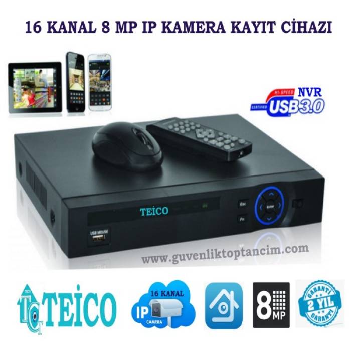 16 Kanal IP Kamera Kayıt Cihazı 8 MP NVR Teico-9816