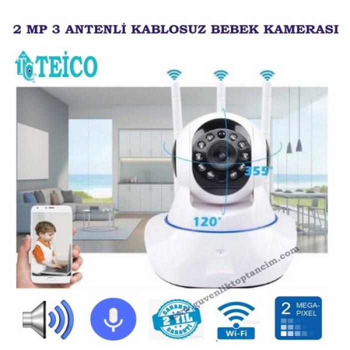 2 MP 360 Derece Kablosuz Bebek Kamerası Wifi Sesli 3 Anten Teico-4203