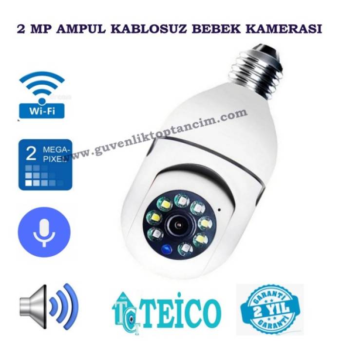 2 MP 360 Derece Kablosuz Ampul Görünümlü Çift Kameralı Bebek Kamerası Wifi Teico-4220