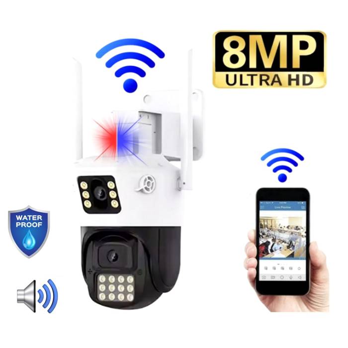 8 MP Çift Kameralı Gece Görüşlü Full HD Kablosuz Wifi Ip Akıllı Güvenlik Kamerası Teico-4008